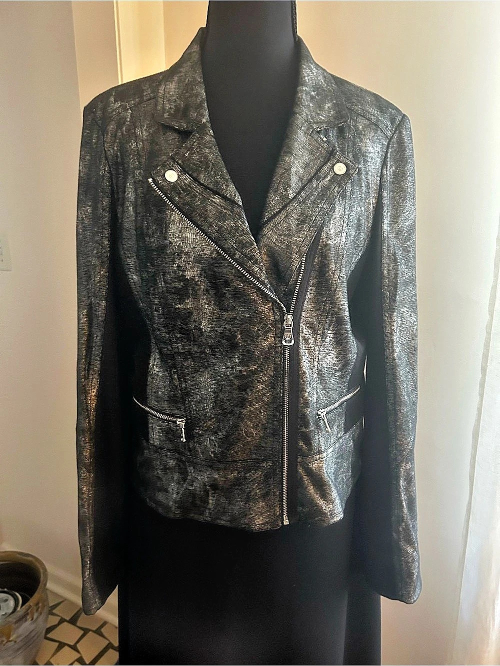 Gerry Weber Metallic Gun Metal Moto Jacket Size 38 Like New